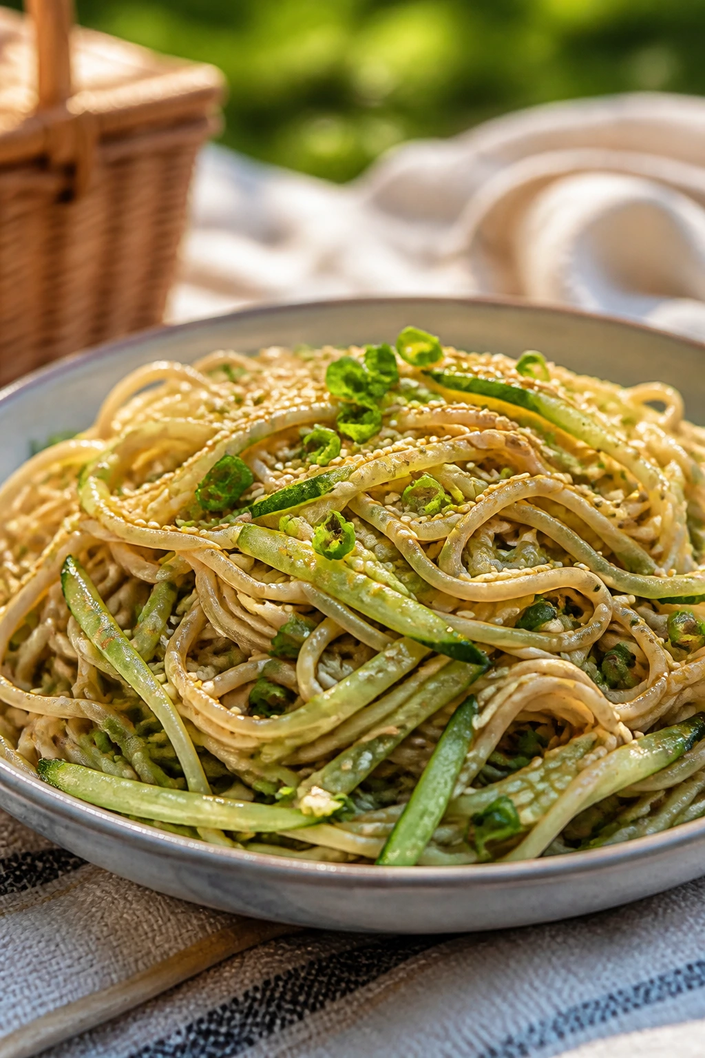 Close-up of cold sesame noodle salad with cucumber and scallions in a bowl.