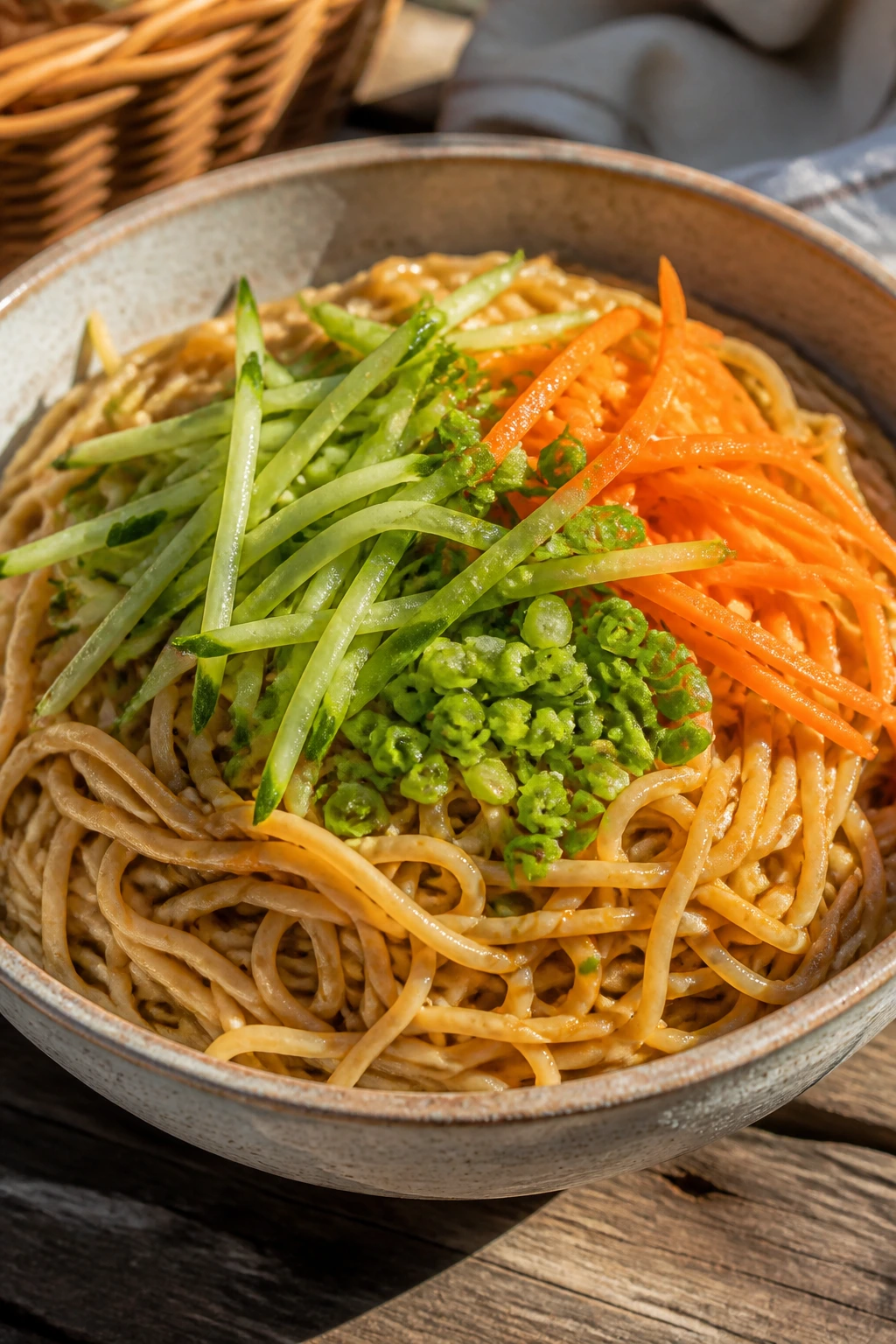Cold sesame noodle salad in a bowl on a picnic table outdoors