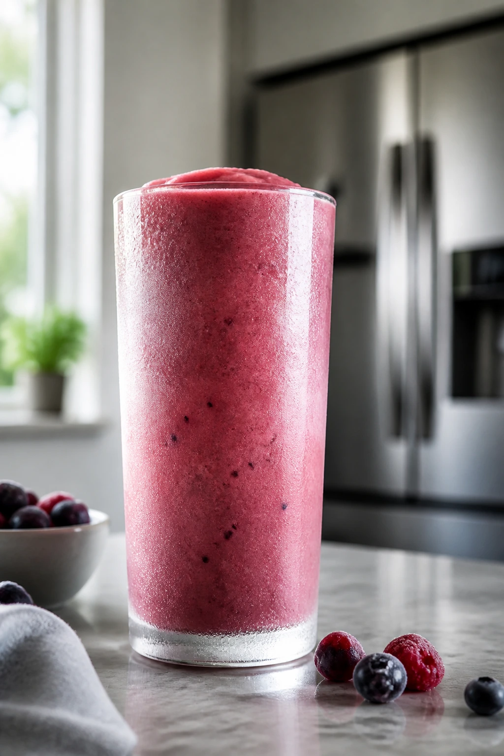Frosted glass with cold smoothie and condensation on a kitchen counter