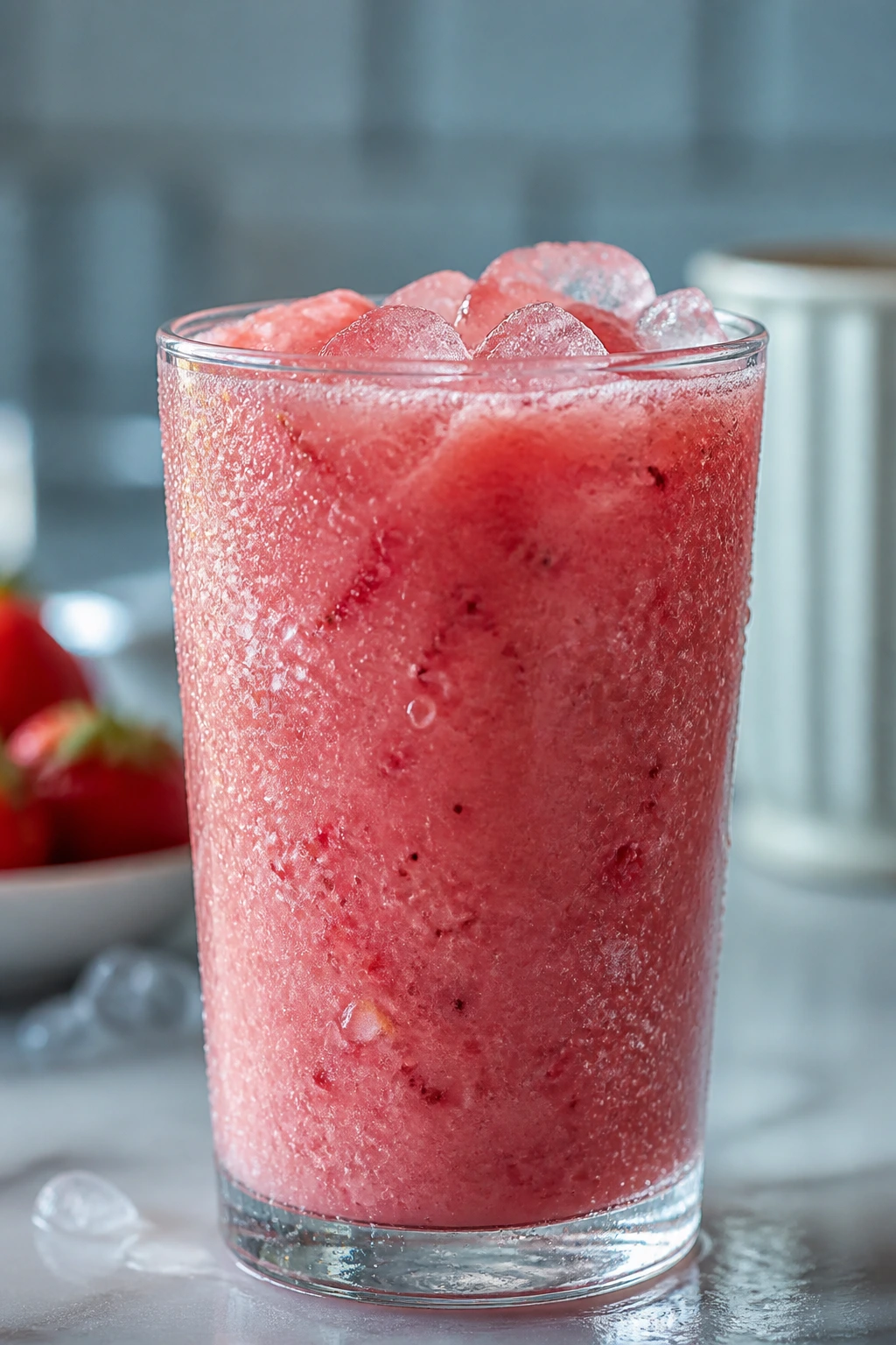 Frosty smoothie glass showing staying cold longer