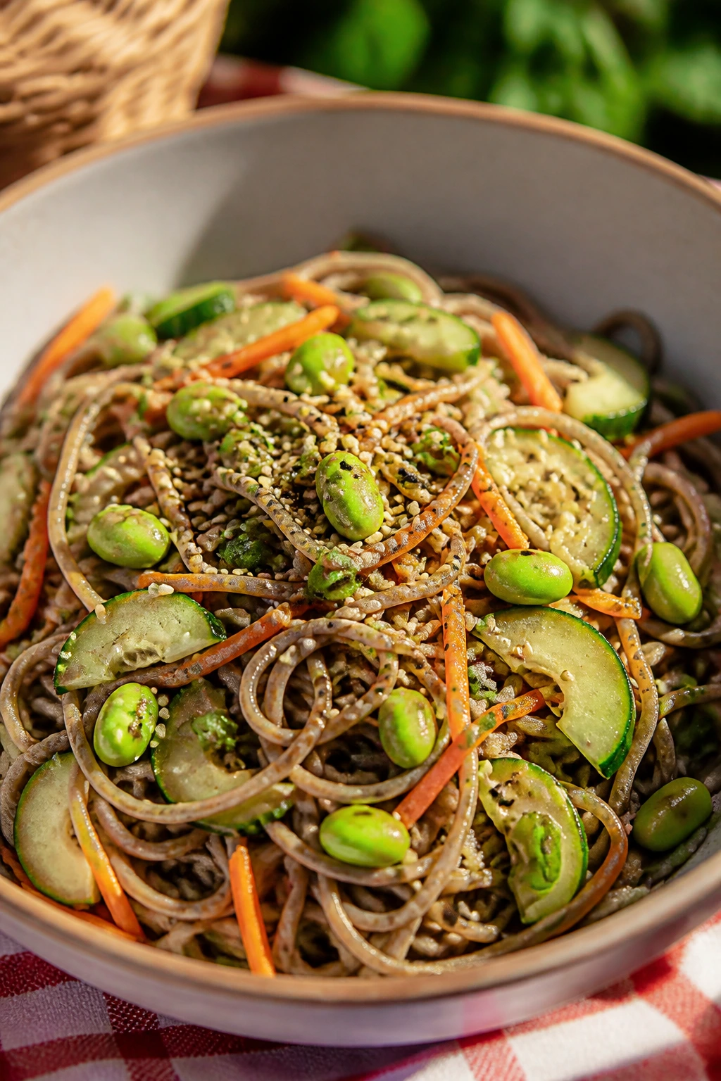 Close-up of Cold Soba Noodle Salad in a bowl at an outdoor picnic