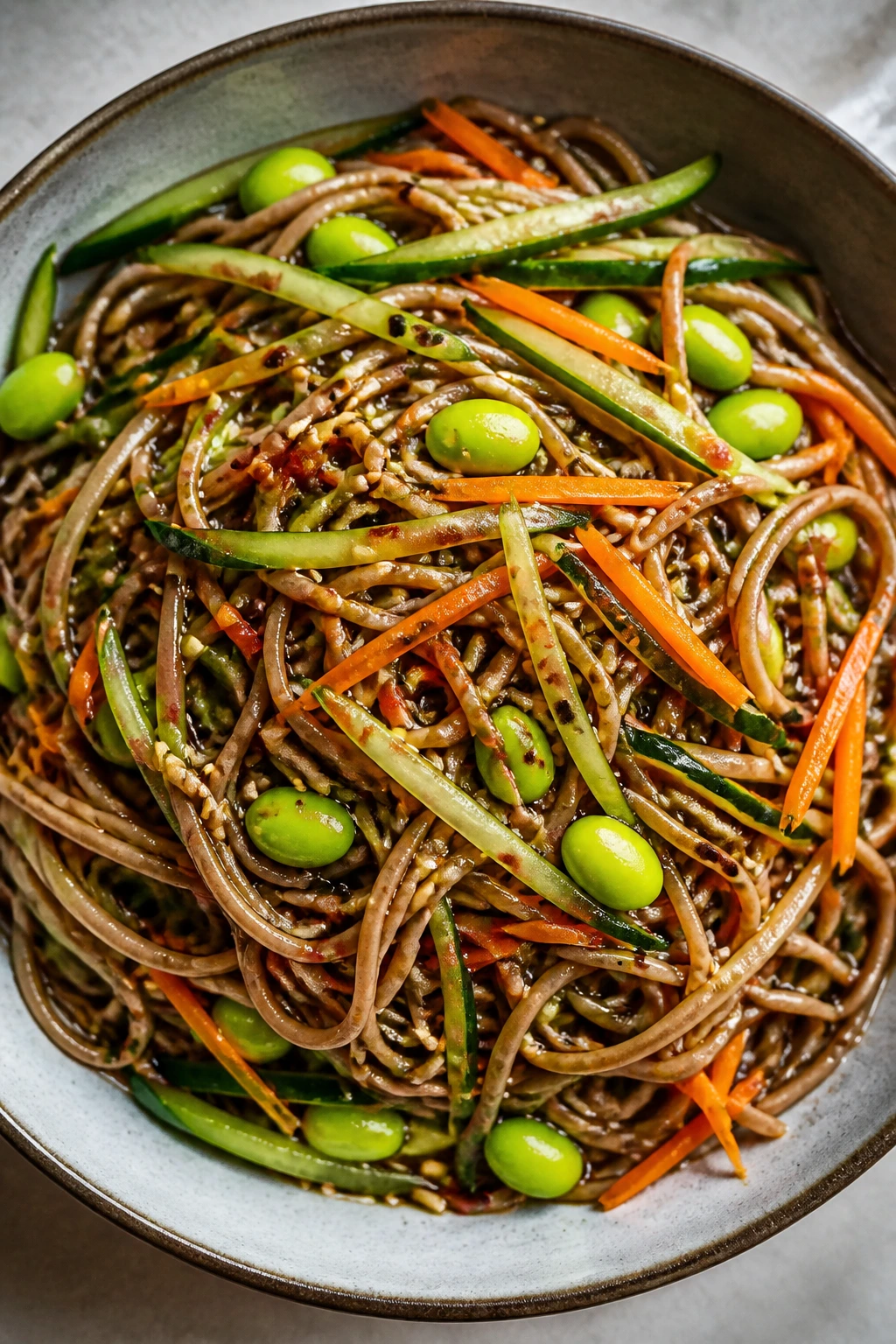 Cold soba noodle salad with edamame and cucumber in a bowl