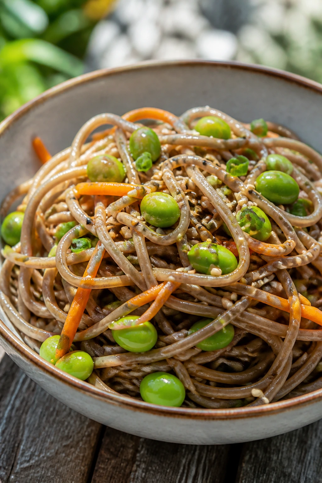 Close-up bowl of cold sesame soba noodles with edamame on a wooden table outdoors