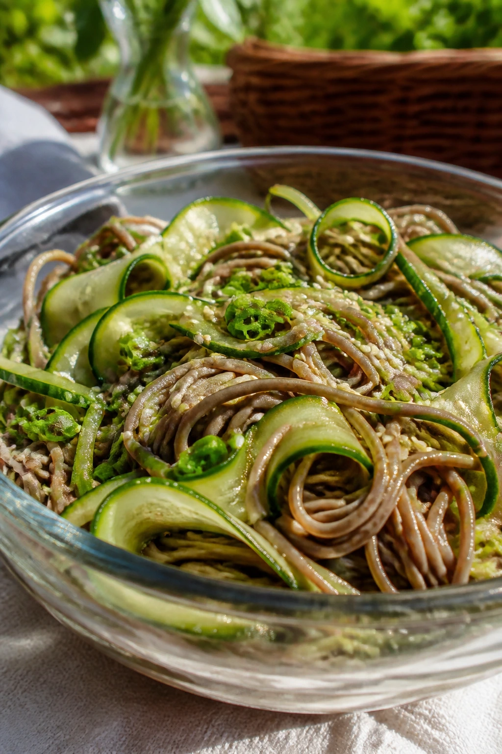 Soba noodle salad with cucumber and sesame seeds in a bowl