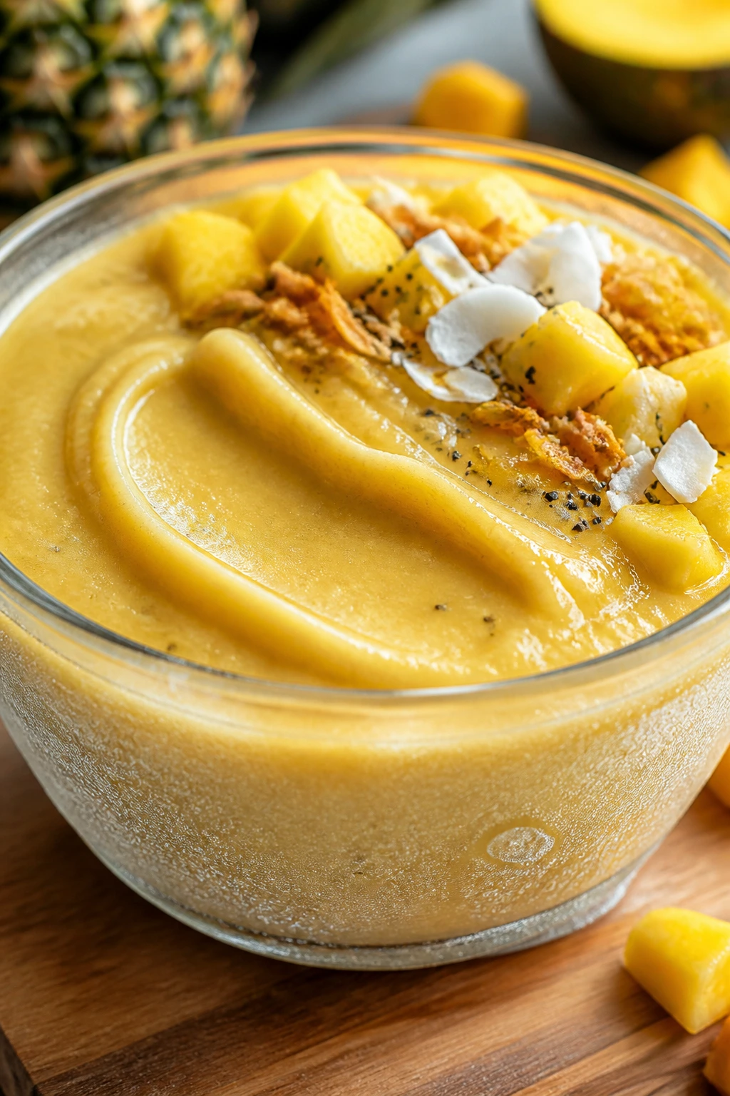 Frosty thick smoothie bowl with spoon ridges in a bright kitchen