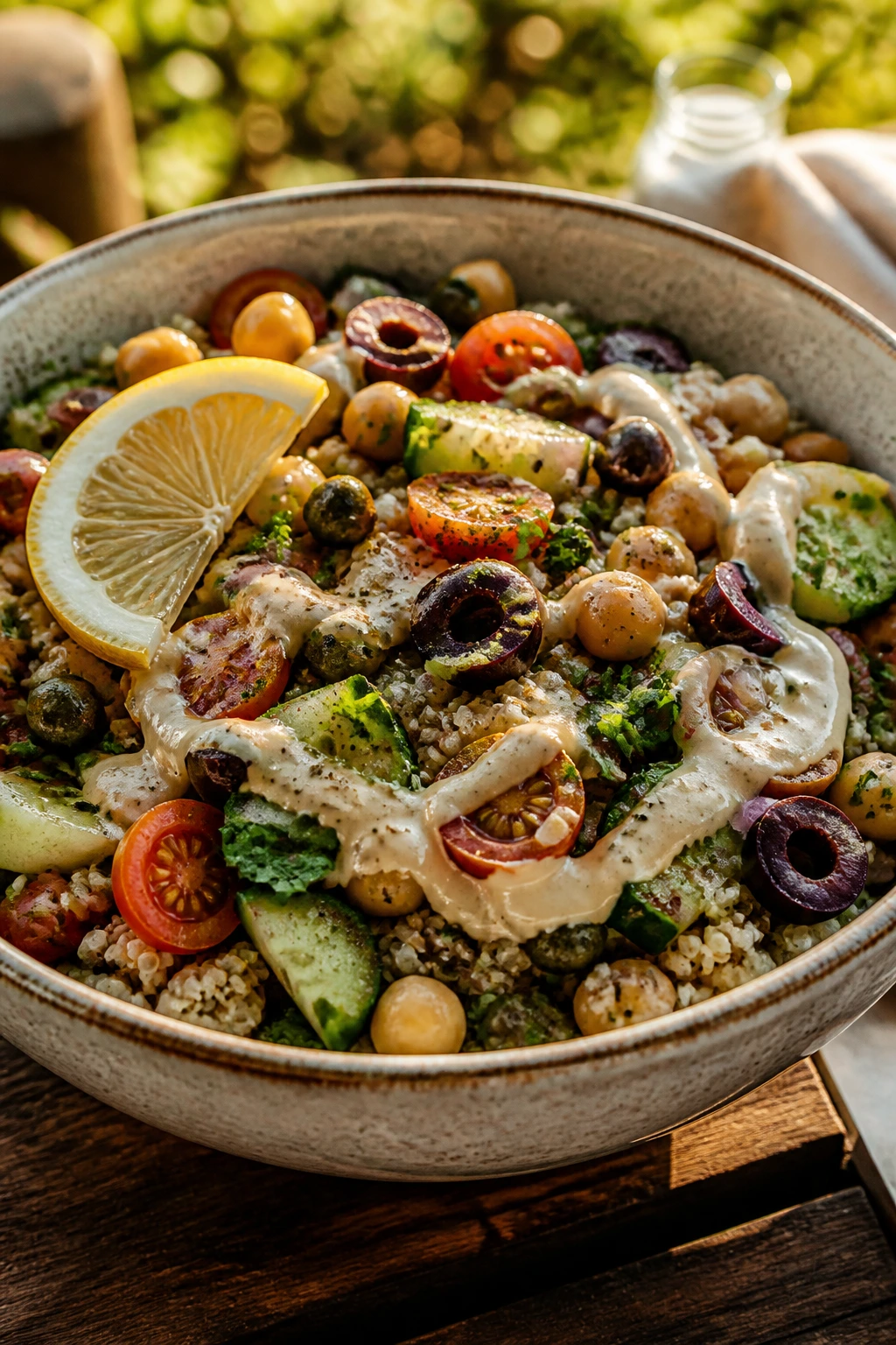 Close-up of a cold vegan grain bowl showing salty, acidic, and creamy elements