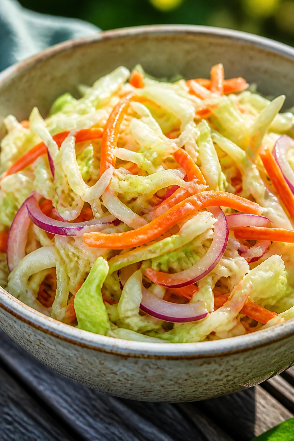 Close-up of crunchy vinegar coleslaw in a bowl on rustic table