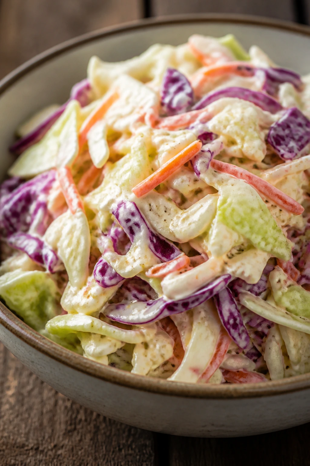 Crisp old-school coleslaw with tangy dressing in a bowl