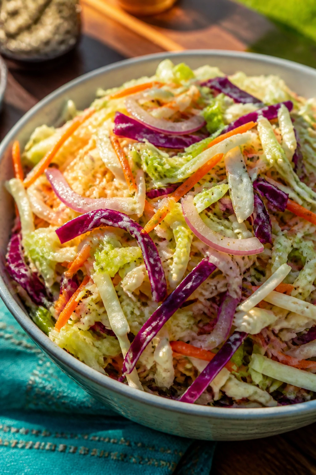 Crisp vinegar coleslaw with carrot and celery seed in a bowl