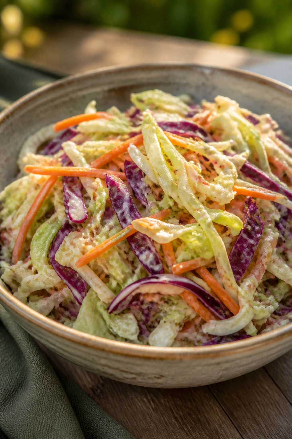 Close-up of no-mayo coleslaw with green and red cabbage