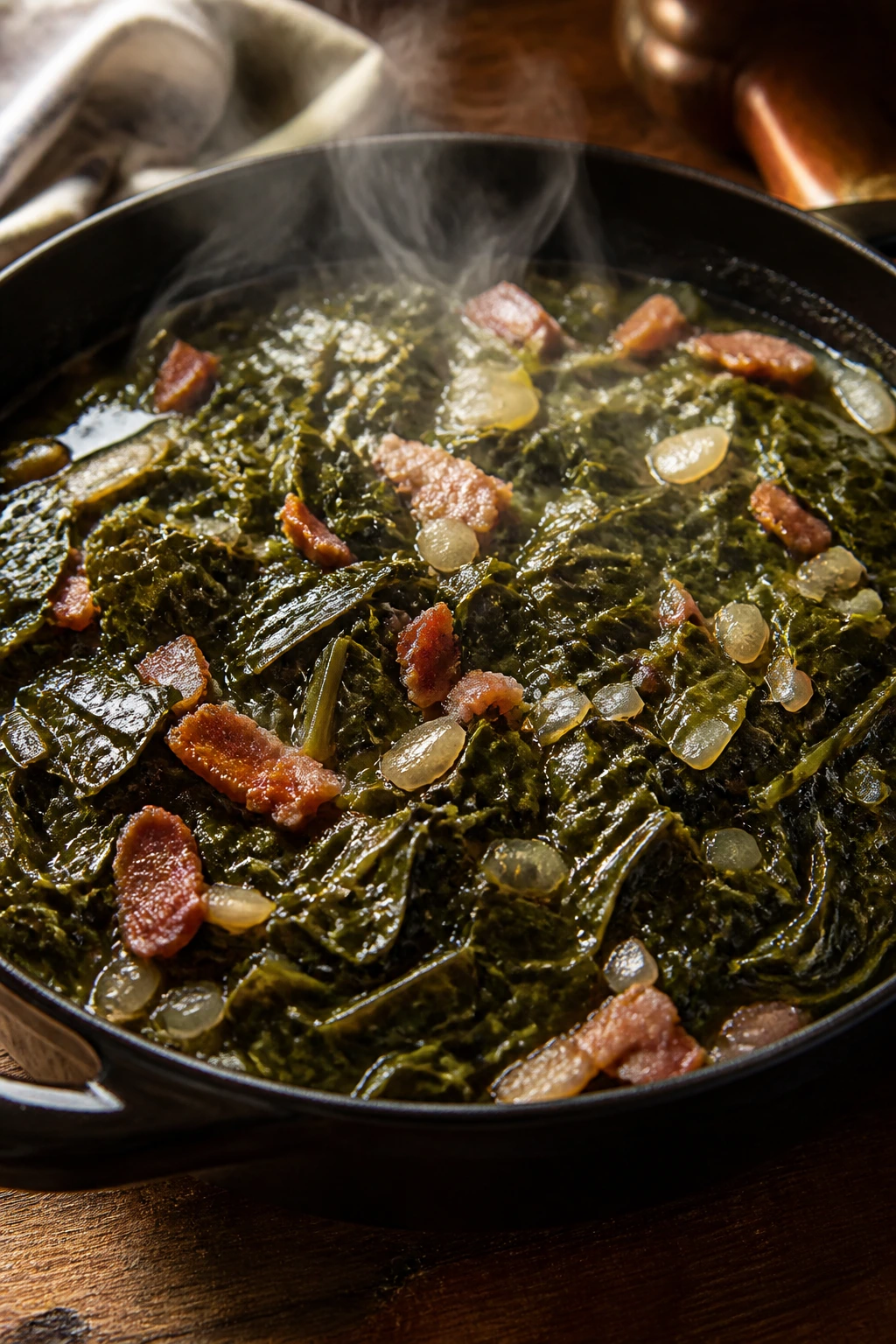 Braised southern collard greens with bacon