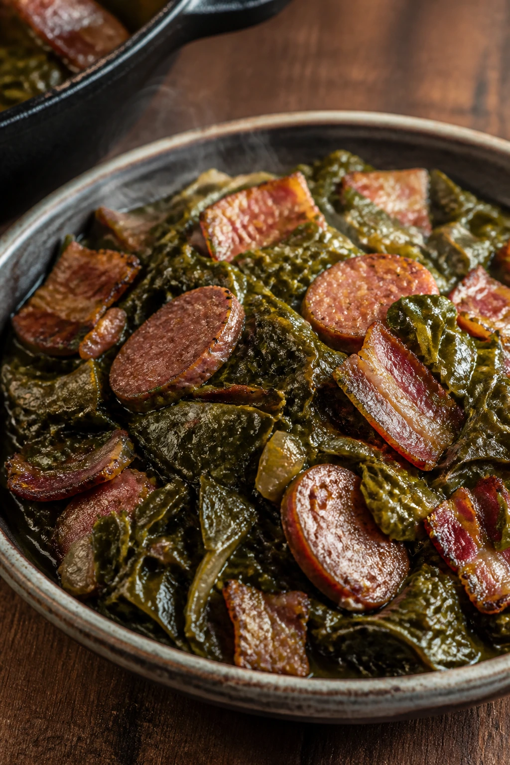Collard greens with sausage and bacon in a rustic bowl