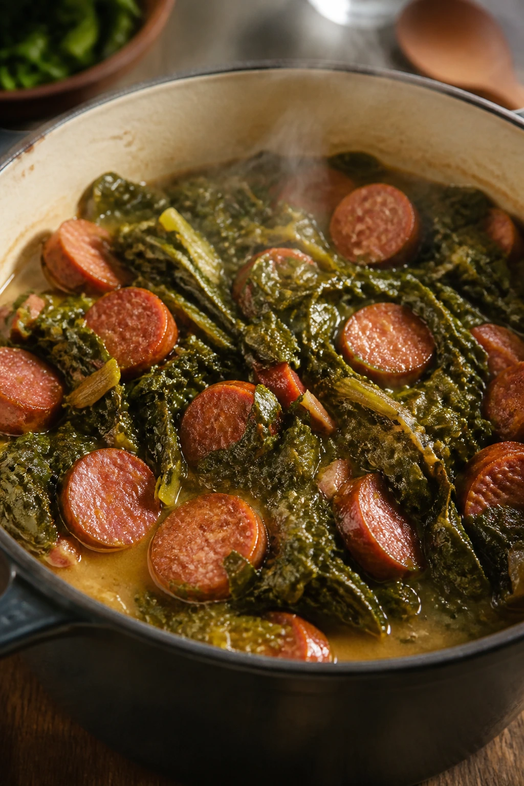 Close-up of collard greens with smoked sausage simmering in a Dutch oven