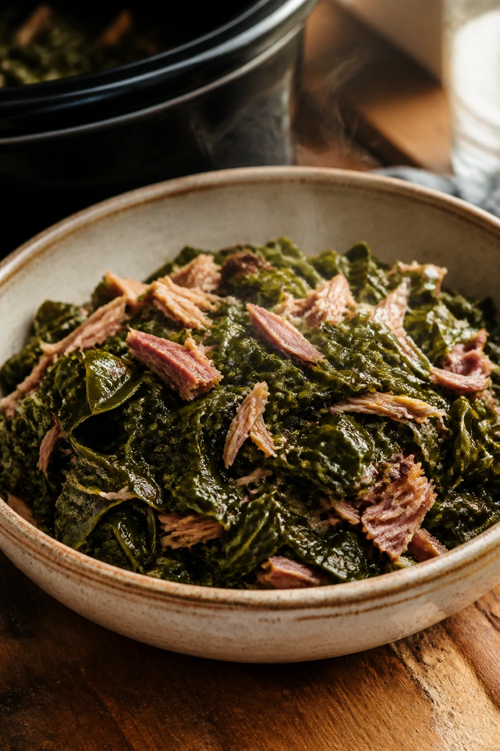 Close-up of emerald collard greens with smoked turkey in a glossy braise