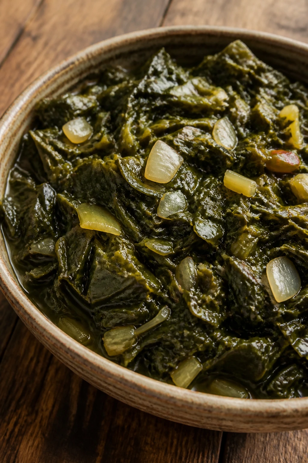 Close-up of collard greens with vinegar in a rustic bowl