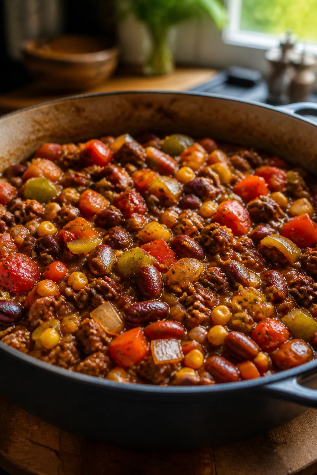 Close-up of a colorful beef-and-vegetable one-pot dish filling the frame in a cozy kitchen