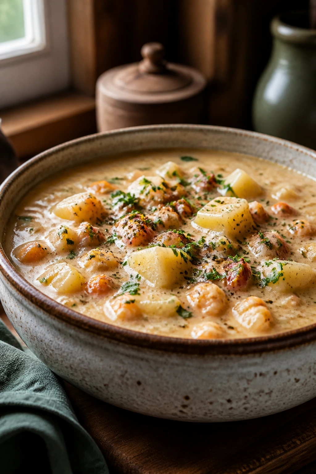 Close-up of thick chowder in rustic bowl, highlighting potatoes, evoking a hearty collection