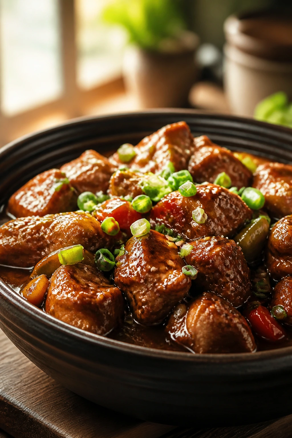 Close-up of a glossy sauce-forward dish in a warm kitchen setting