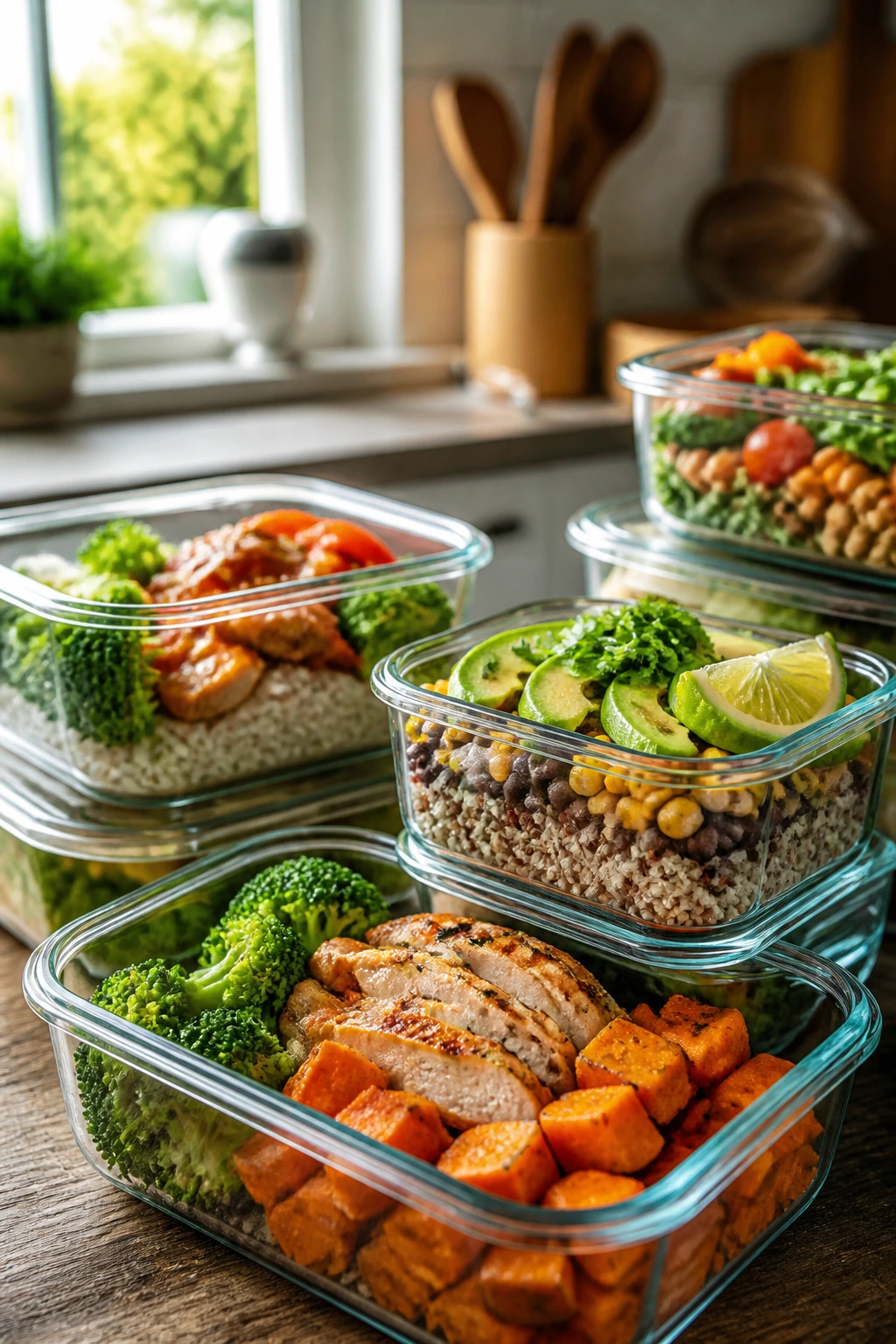 Close-up of glass meal-prep containers with colorful meals on a kitchen counter
