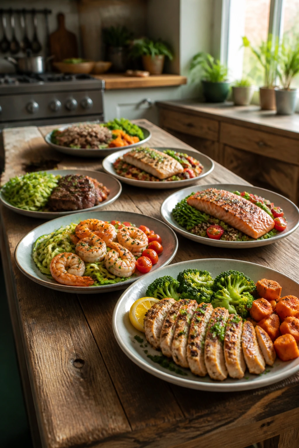 Curated lineup of six clean-eating meals on a wooden kitchen island