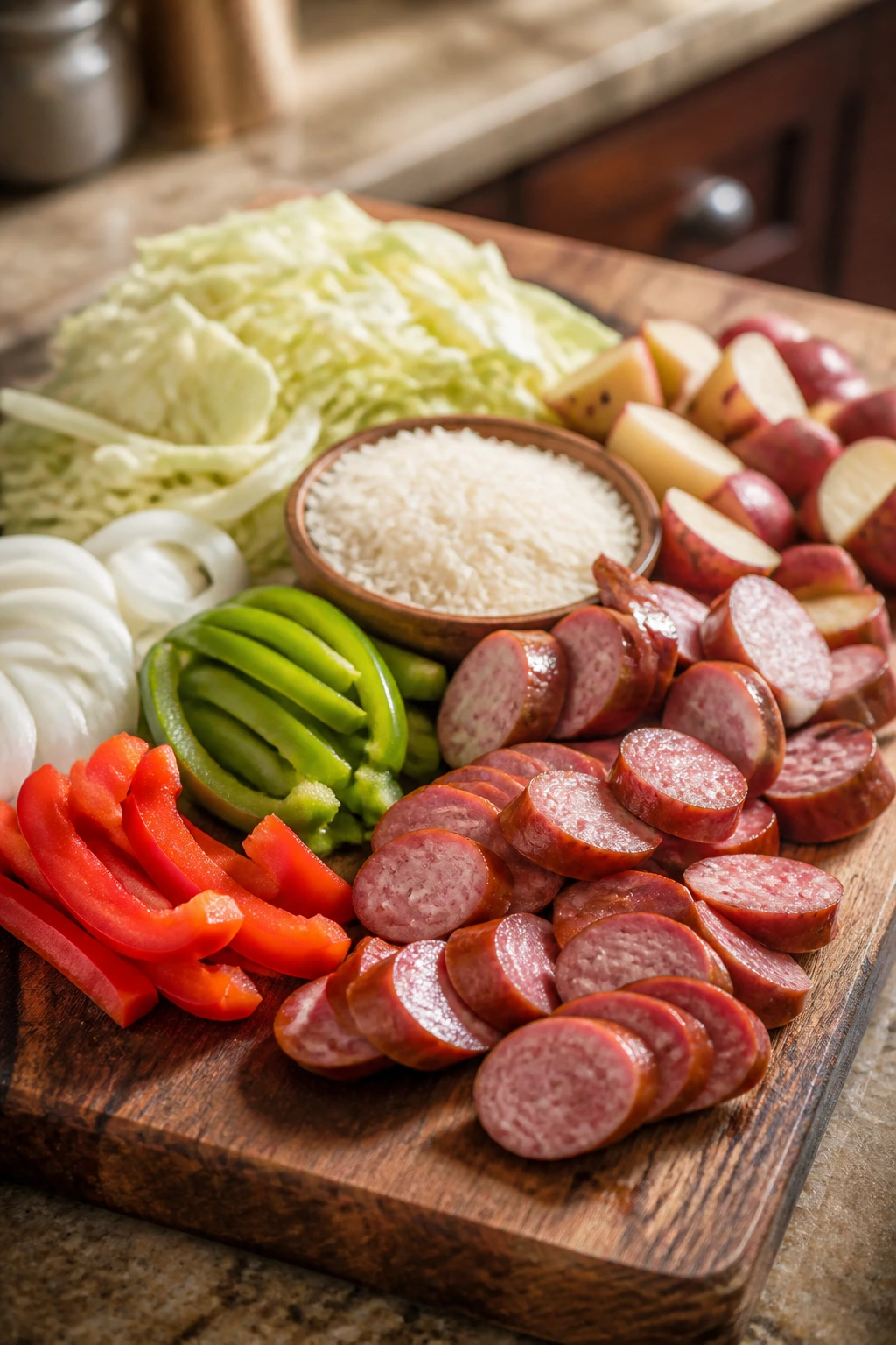 Close-up of rustic cutting board with smoked sausage and colorful vegetables, suggesting weeknight dinners