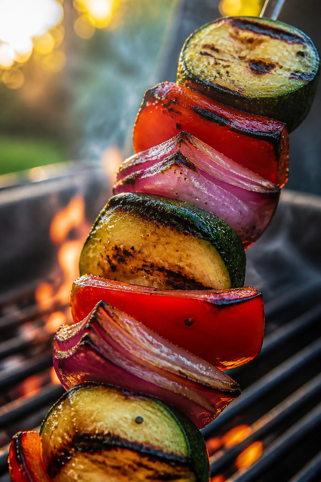 Close-up of a vibrant grilled vegetable skewer dominated by zucchini, pepper, and onion