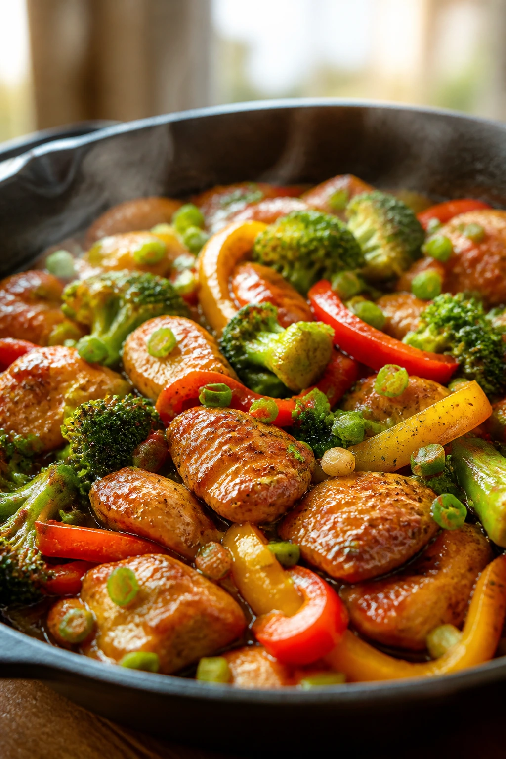 Close-up of a steaming skillet dinner in a warm kitchen, vibrant colors.