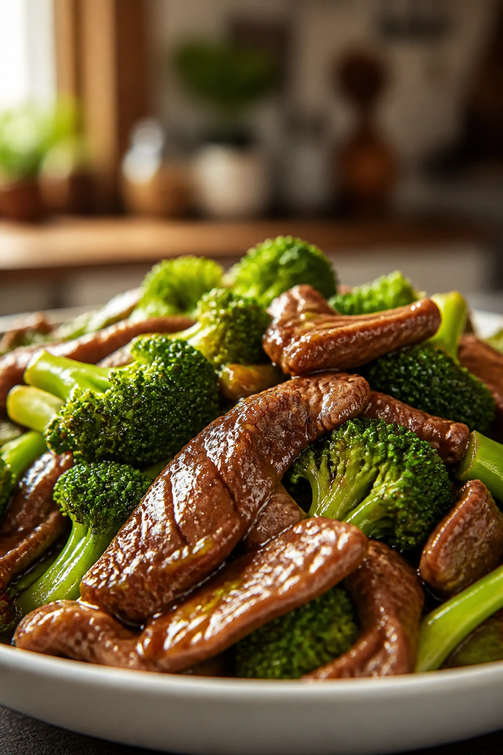 Close-up of glossy broccoli and beef stir-fry on a warm kitchen counter