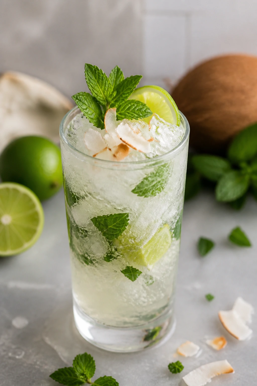 Collins glass with crushed ice mojito on kitchen counter