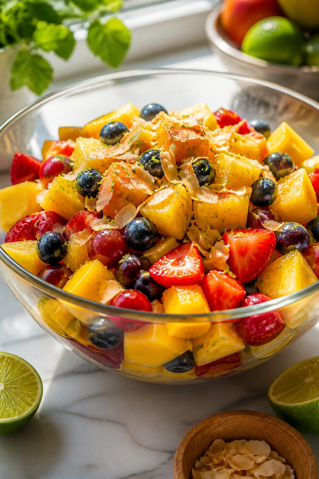 Colorful tropical fruit salad in glass bowl