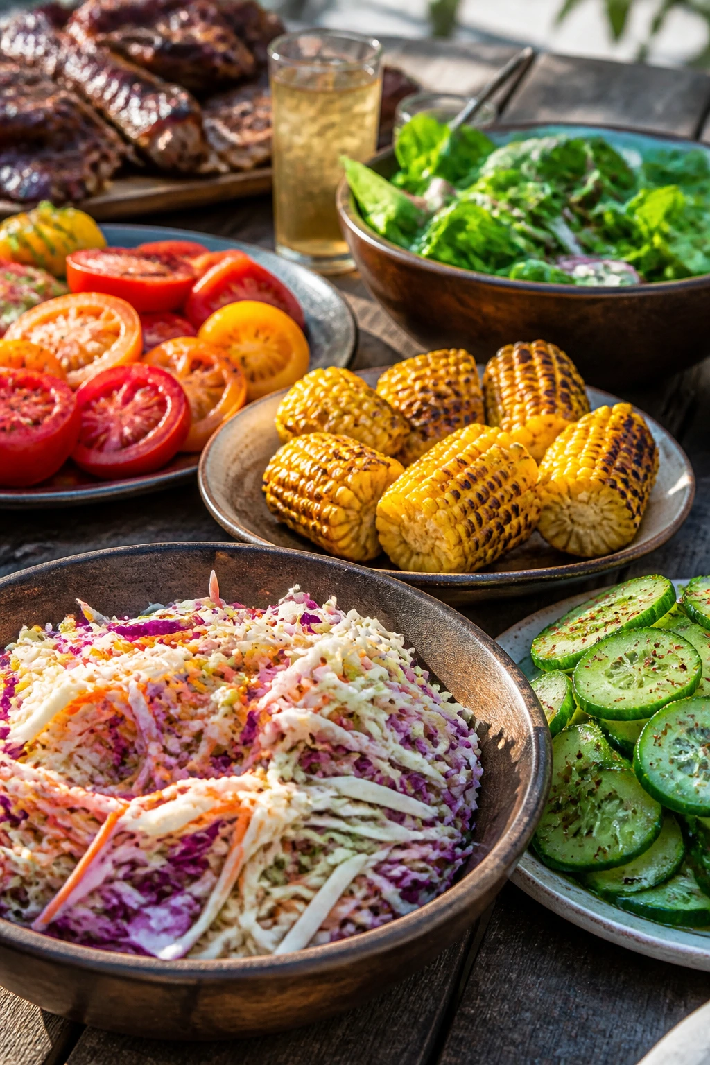 Vibrant colorful side dishes on a rustic outdoor BBQ table