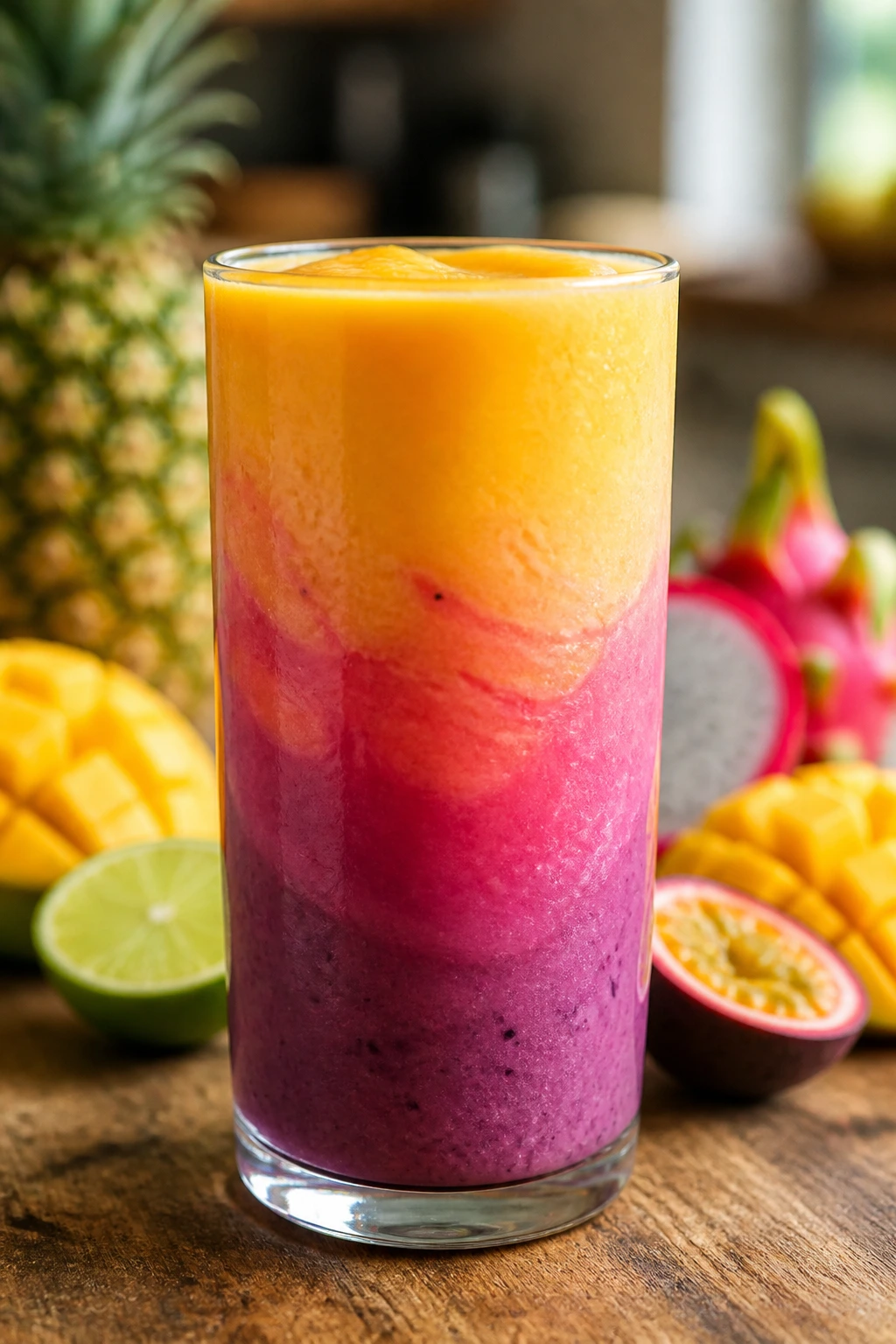 Vibrant tropical smoothie in a tall glass with color gradient