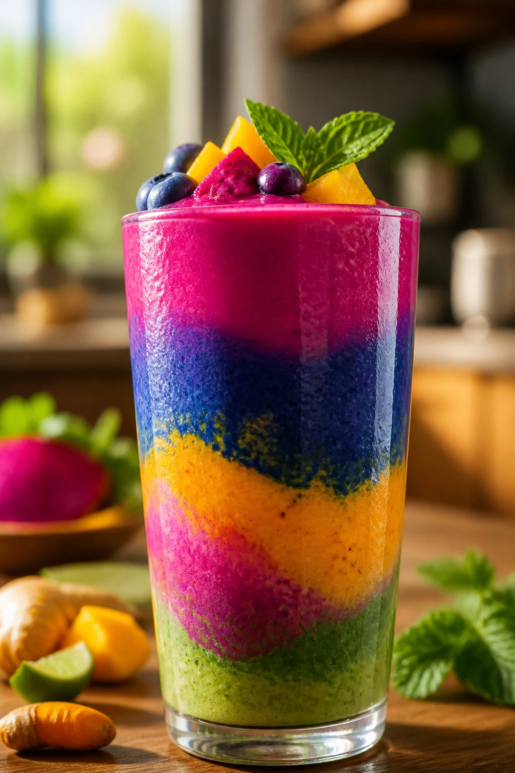 Close-up of a vibrant tropical smoothie glass representing a colorful collection