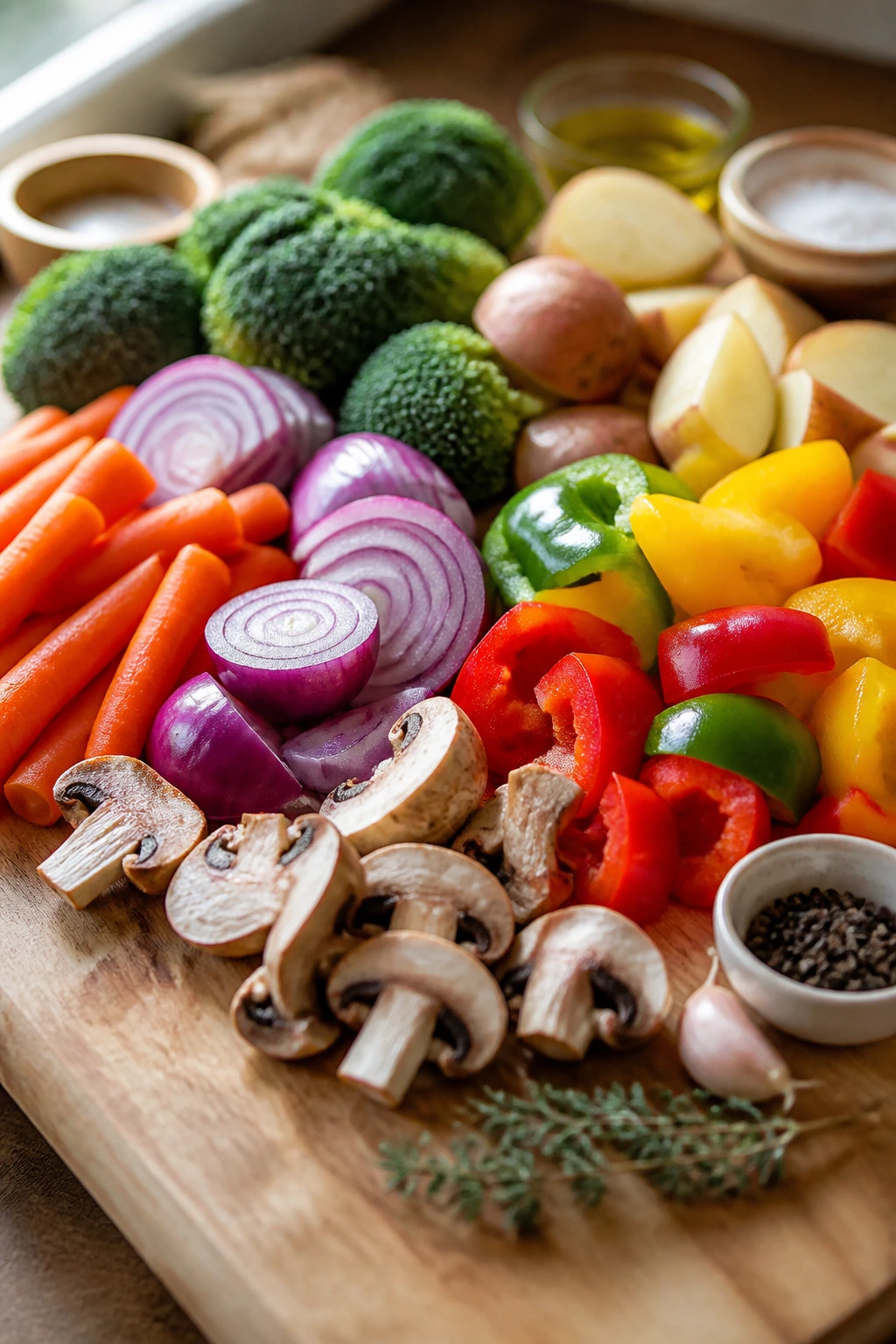 Raw colorful vegetables on cutting board ready for roasting