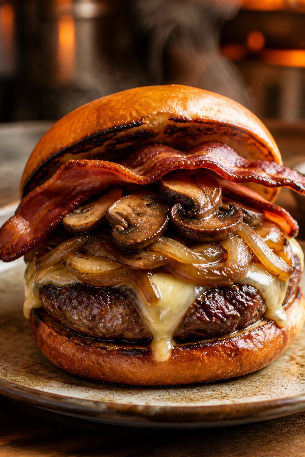 Close-up of a juicy multi-topping burger filling the frame.
