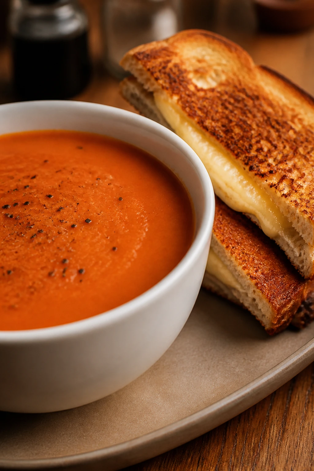 Bowl of tomato soup with a grilled cheese sandwich on a wooden table