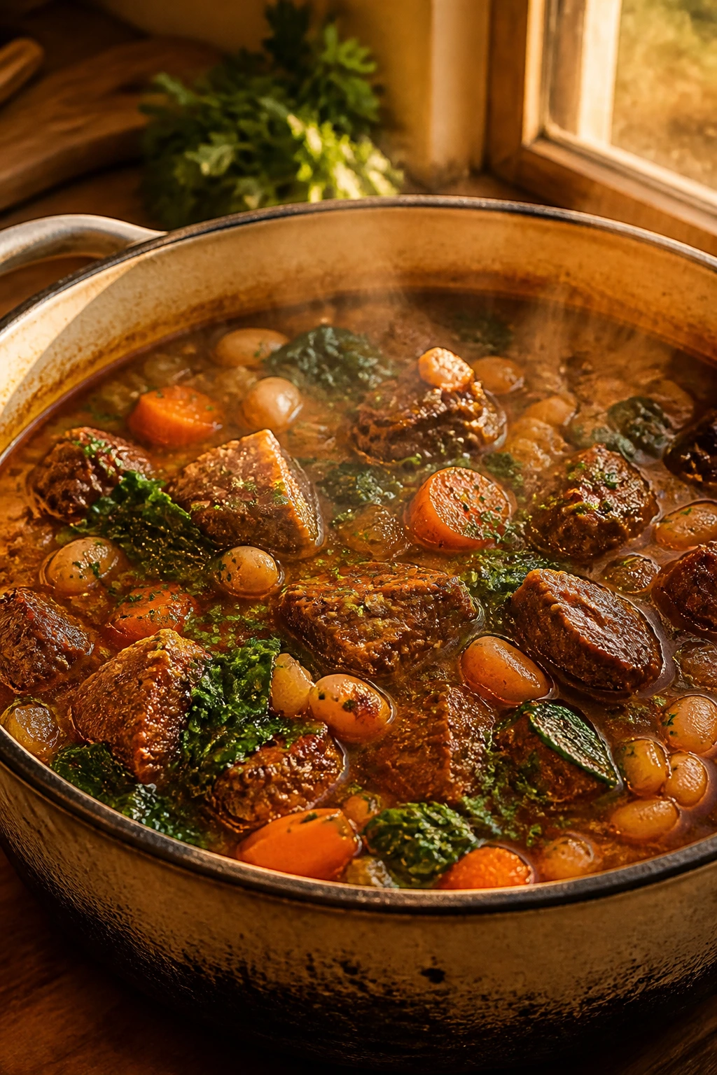 Close-up of a rich, comforting stew in a rustic pot with greens and beans