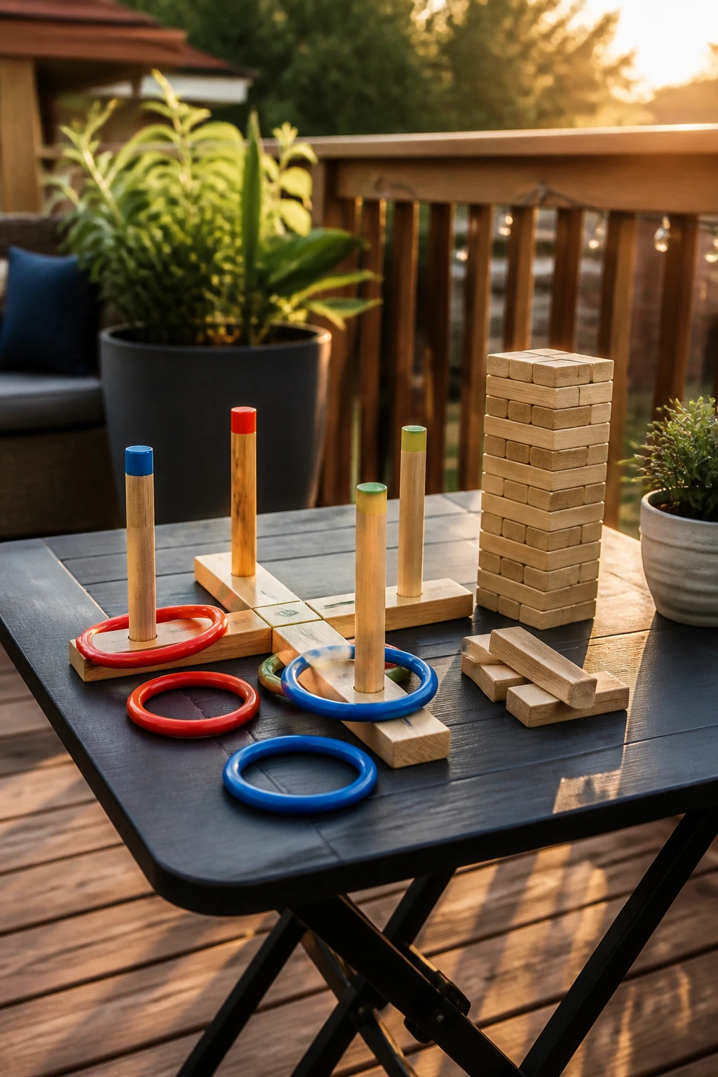 Close-up of compact patio tabletop with ring toss and mini Jenga on a deck