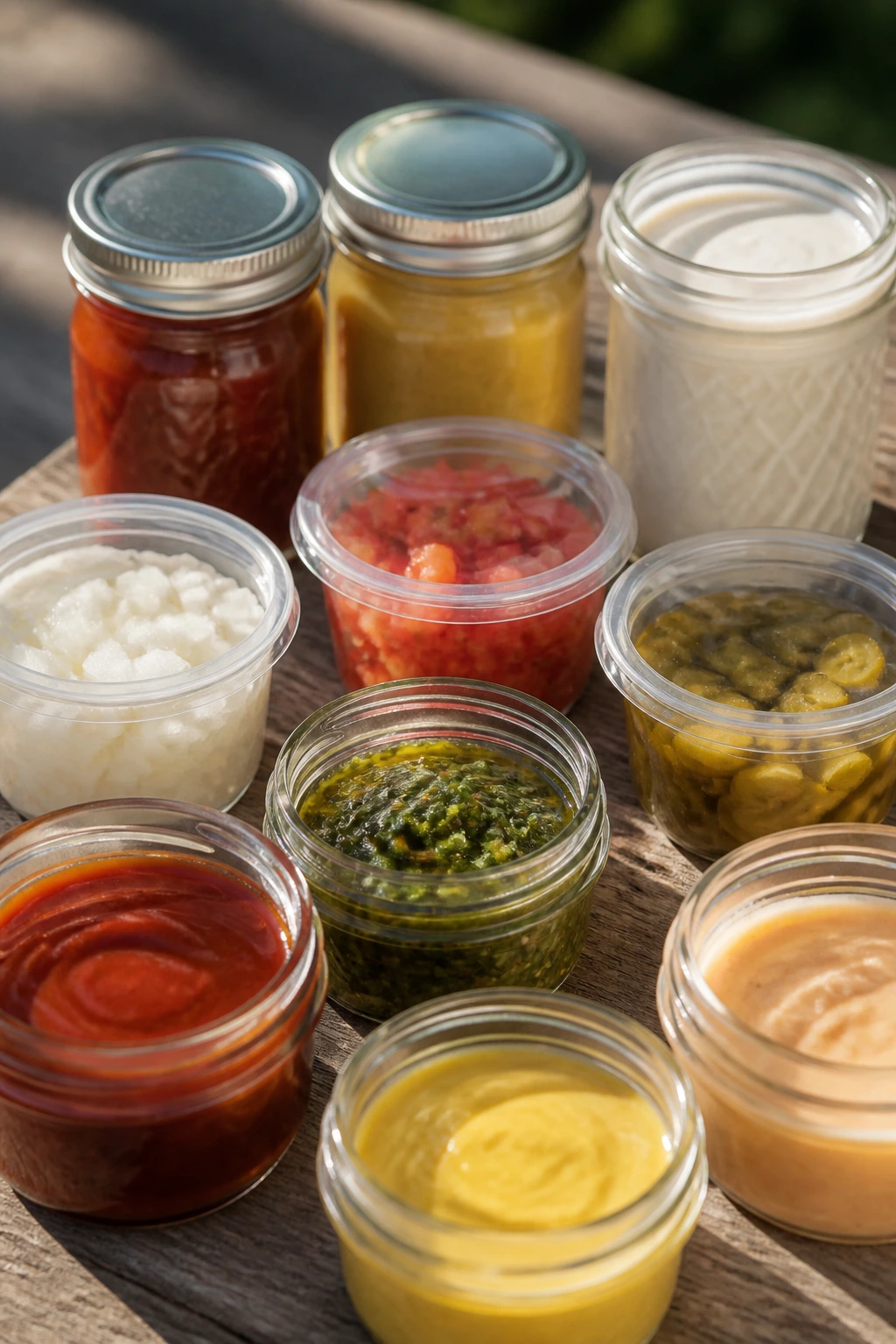 Close-up of travel-ready condiments in glass jars on a wooden picnic table outdoors
