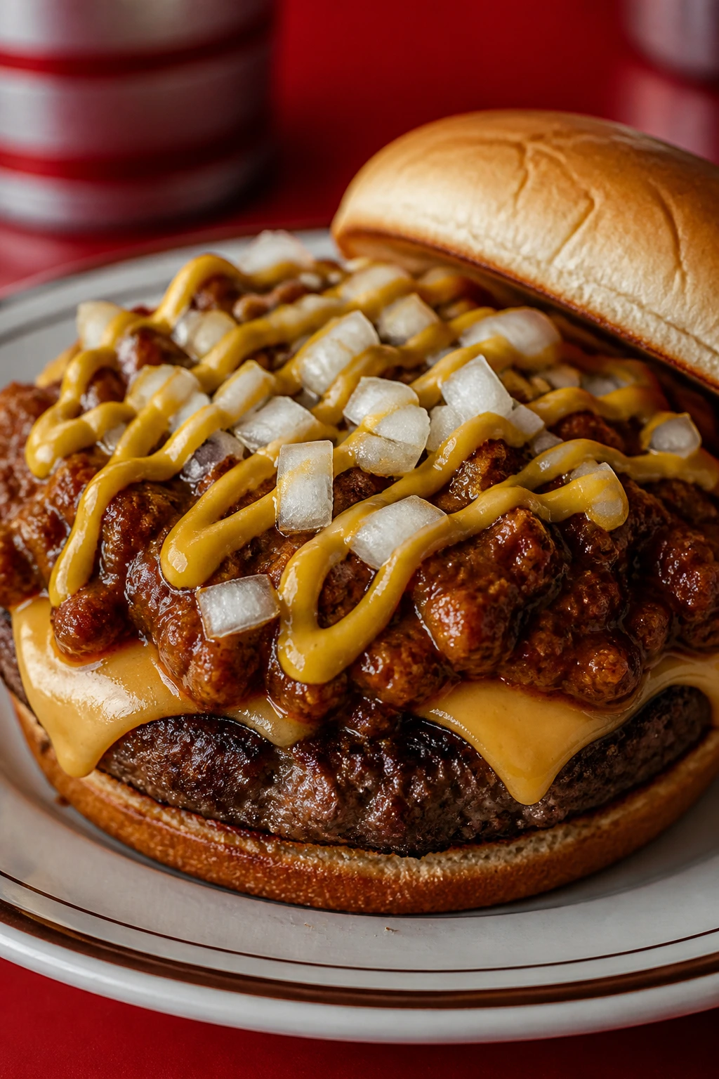Beef burger with chili sauce, mustard and onions on a diner plate