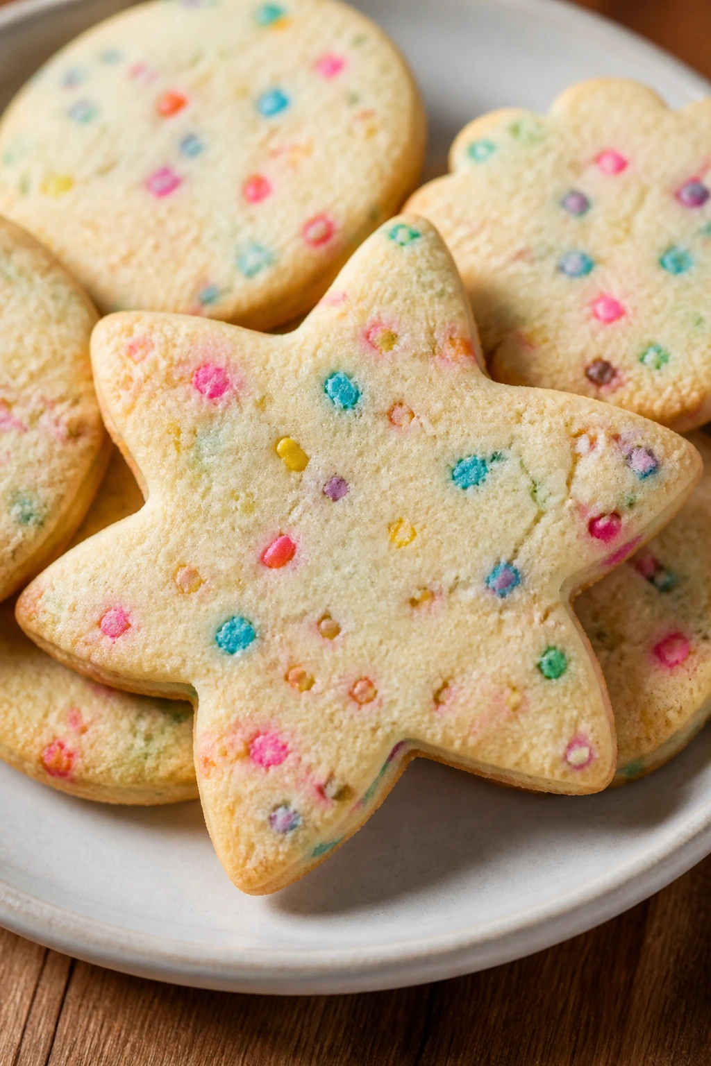 Close-up of confetti-filled cookie cutouts with colorful sprinkles