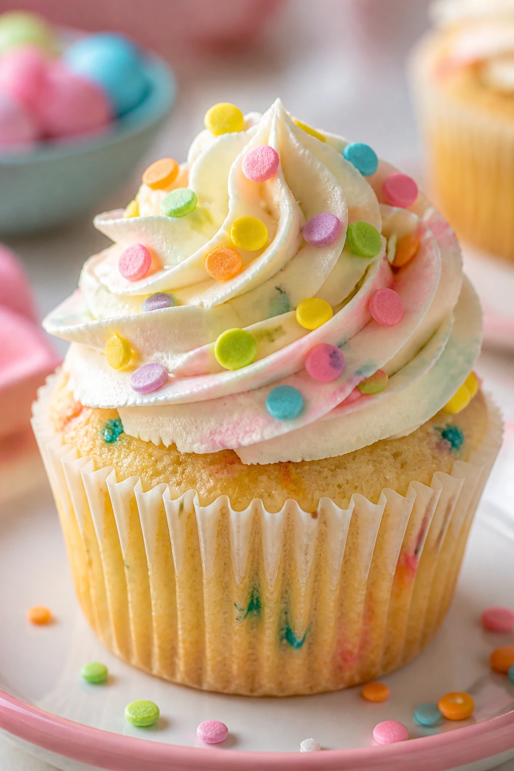 Close-up of confetti Easter cupcake with sprinkles