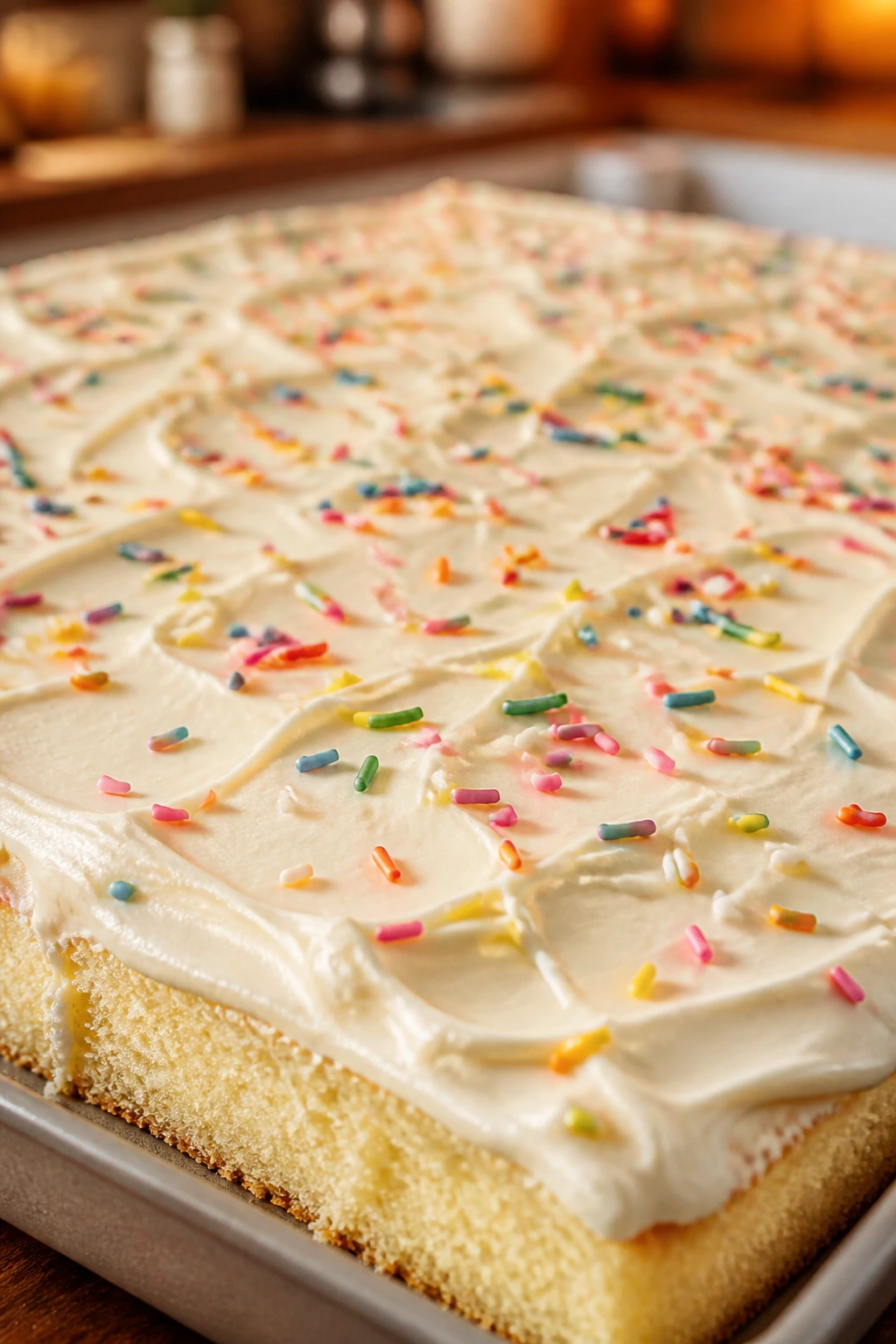 Sheet cake with a light scatter of rainbow sprinkles on top.