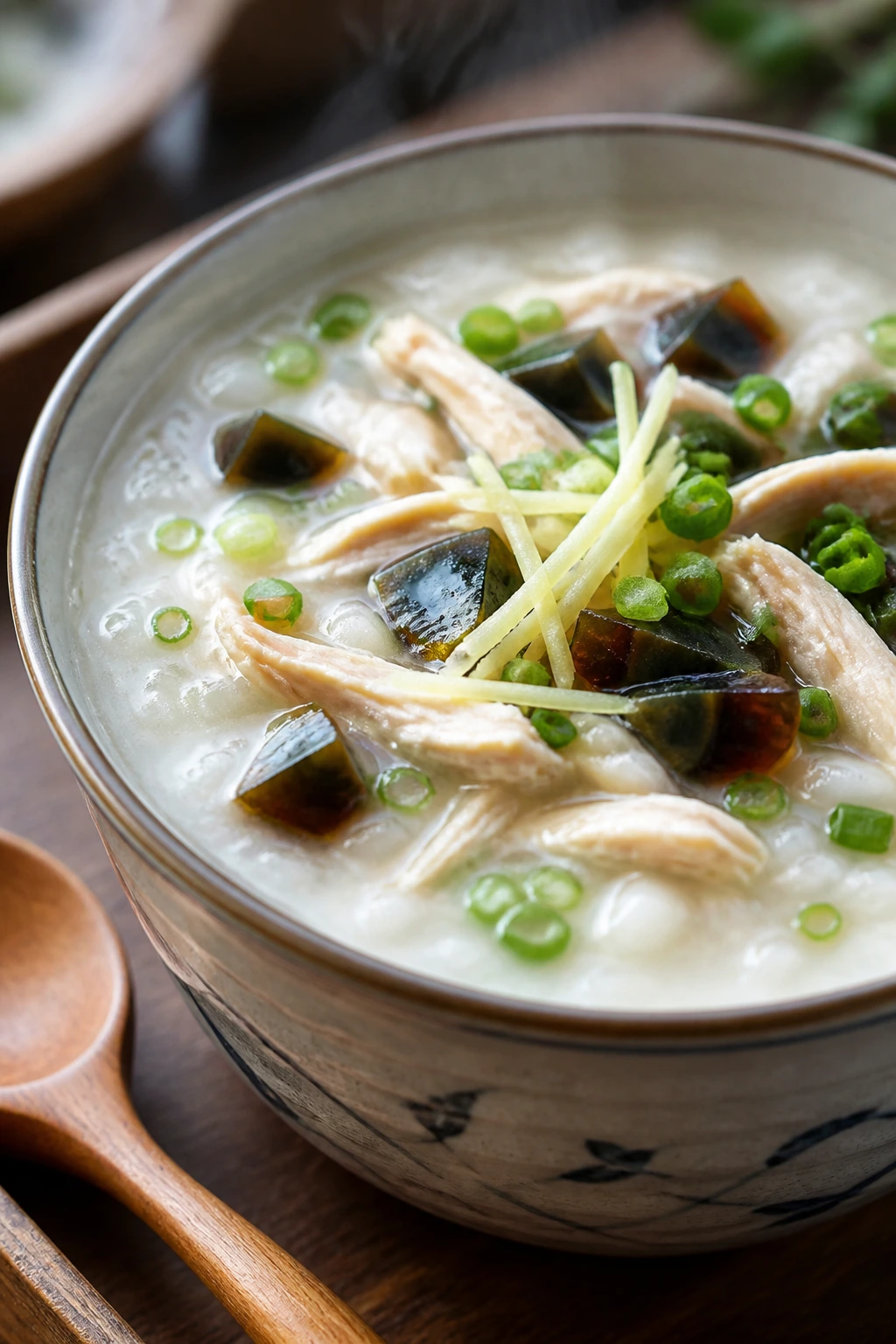 Close-up of congee with chicken and century eggs
