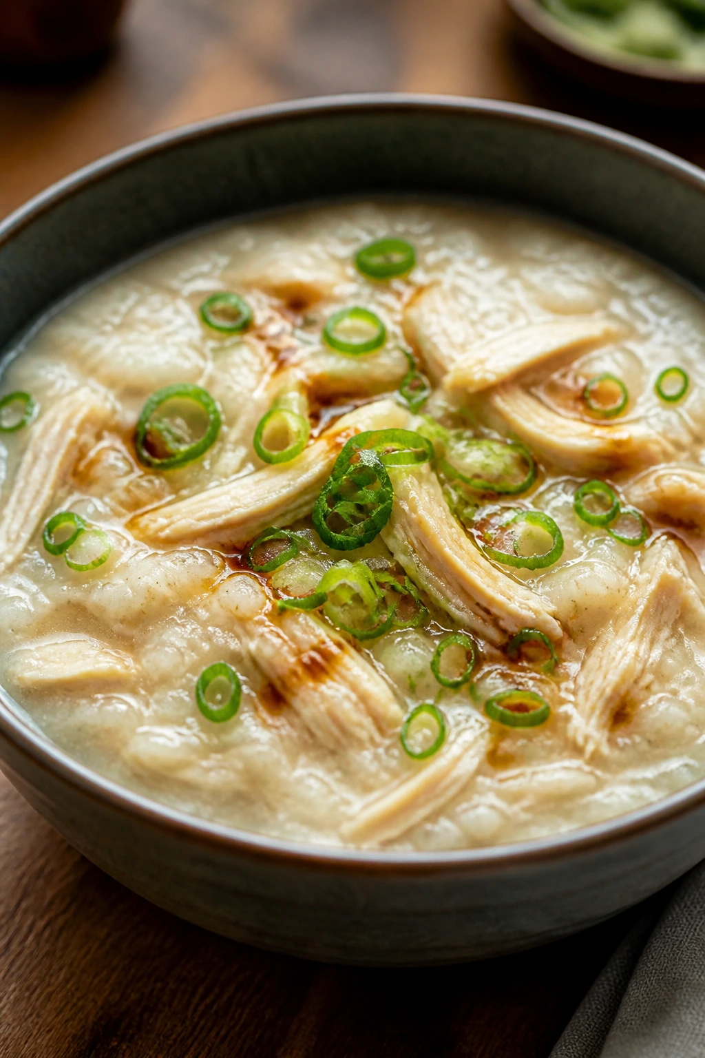 Close-up of chicken congee in a deep bowl
