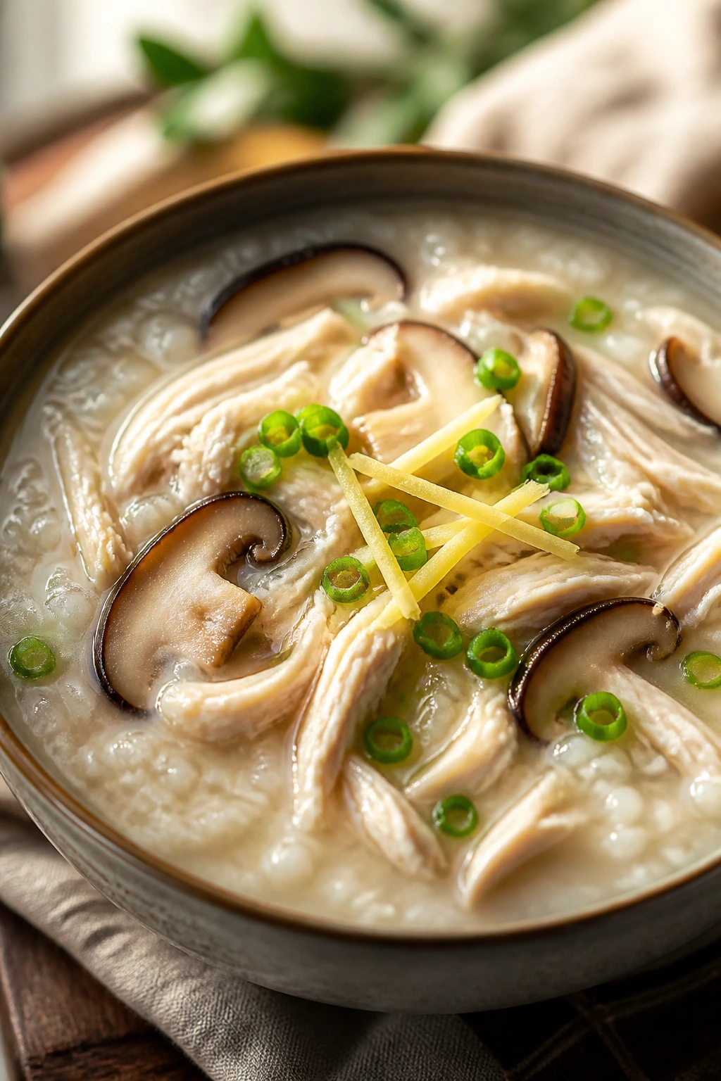 Congee with chicken and shiitake mushrooms in a bowl