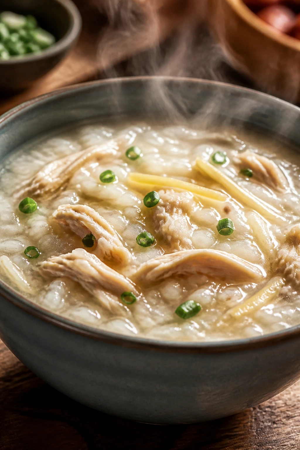 Close-up of creamy chicken congee with ginger in a cozy kitchen