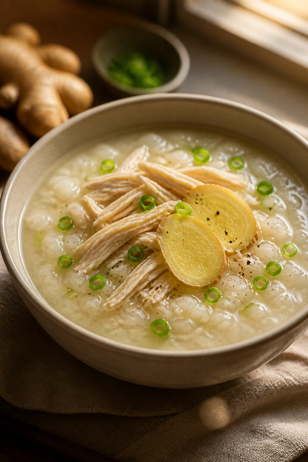 Creamy chicken congee with ginger in a cozy kitchen setting