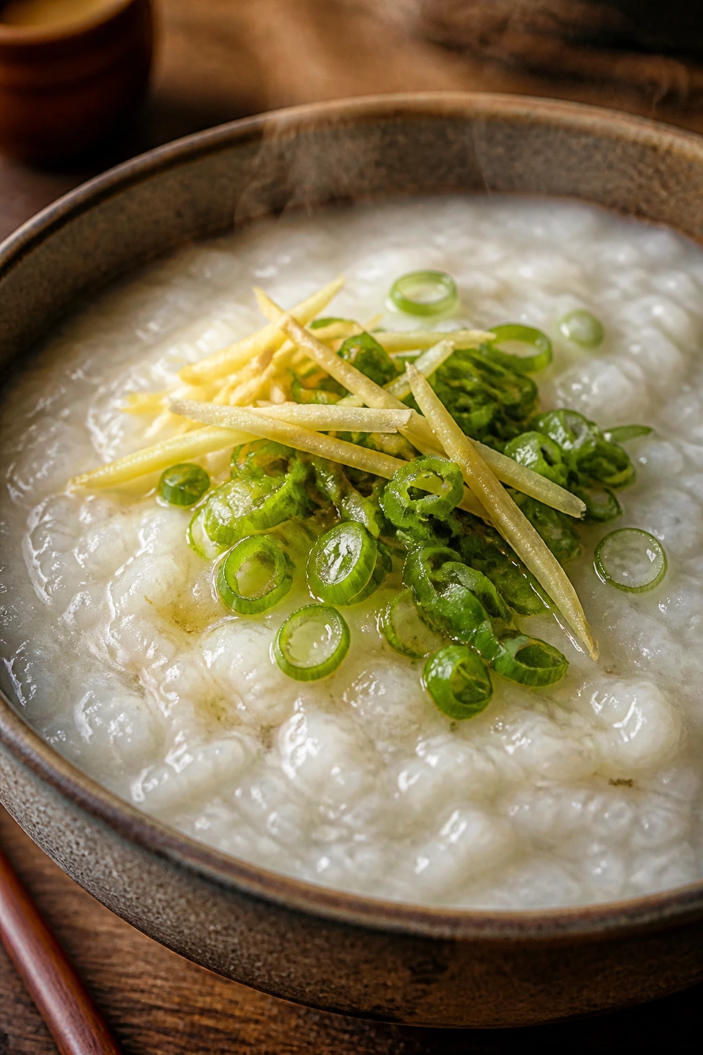 Velvety congee with ginger and scallions in a bowl