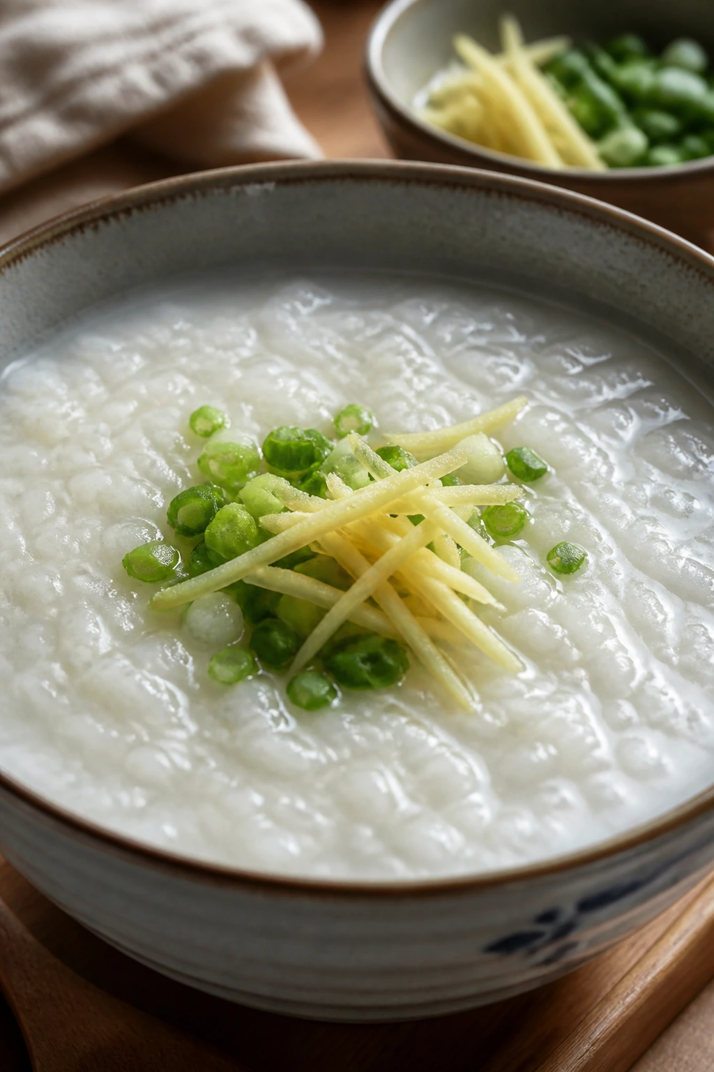 Silky congee in a deep bowl on a warm kitchen table